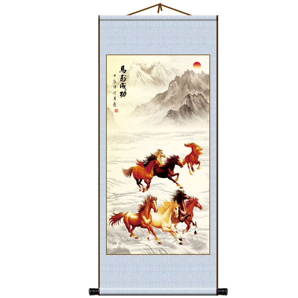 八骏全图八马图丝绢布印刷防水挂画书房客厅玄关装饰画年画,淘宝优惠券,粉丝福利购,淘宝优惠卷