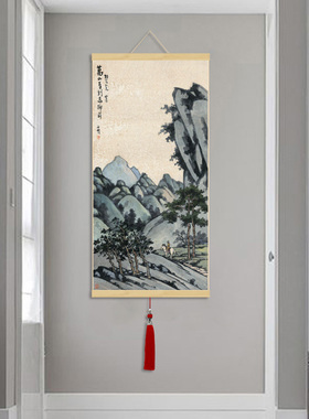 新中式丰子恺山水人物挂画丝绸卷轴挂画书房酒店茶楼客厅装饰挂画
