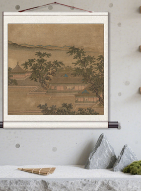 明 仇英 临溪水阁图仿古斗方字画名家字画新品卷轴画茶楼装饰玄关