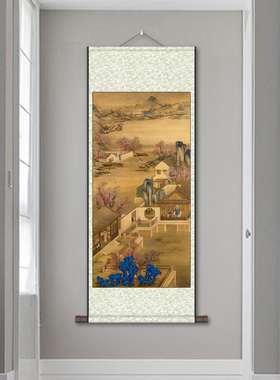 清郎世宁聚瑞图仿古花鸟画花瓶卷轴画明沈周中秋丹桂图丝绸礼品画