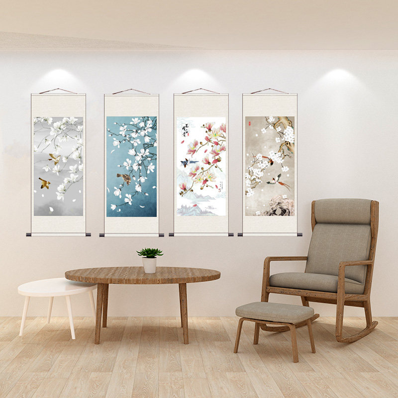 丝绸挂画卷轴礼品画荷花九鱼玉兰花开办公室装饰画茶楼古典挂画,淘宝优惠券,粉丝福利购,淘宝优惠卷