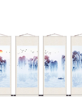 水墨山水四条屏家居茶楼书房装饰画丝绸挂画国画花鸟卷轴梅兰竹菊