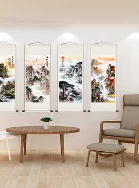 国画山水聚宝盆卷轴画丝绸挂画茶楼装饰画家居壁画风水鸿运当头画