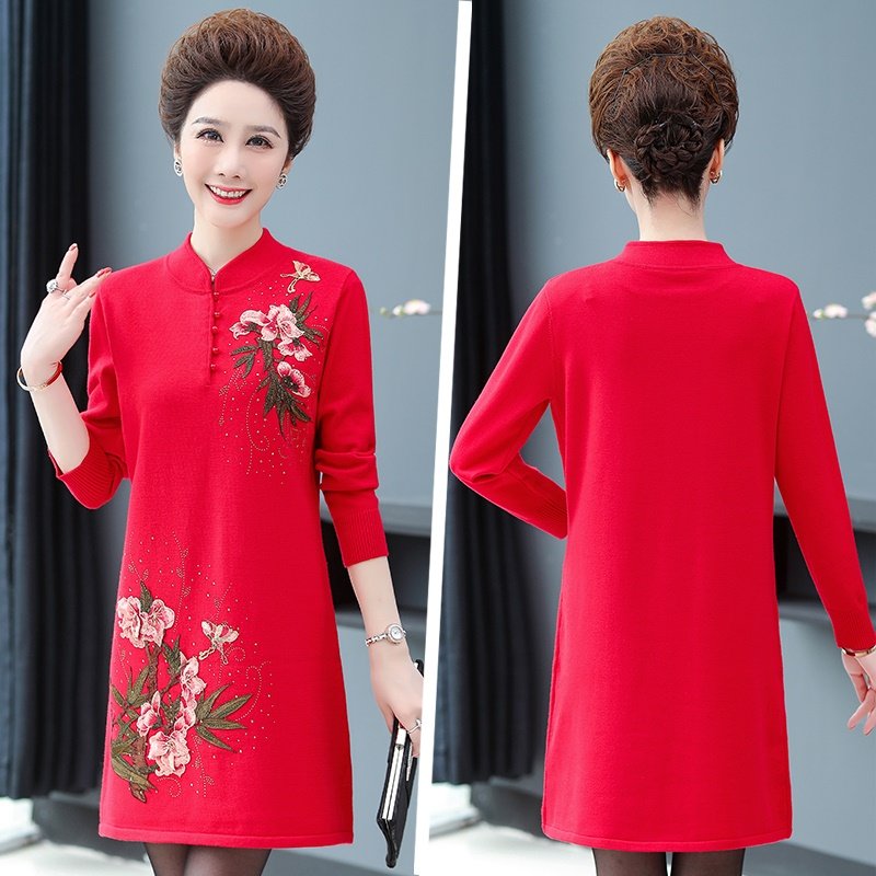 配大衣妈妈洋气礼服毛衣绣花针织裙 暖妞中老年女装