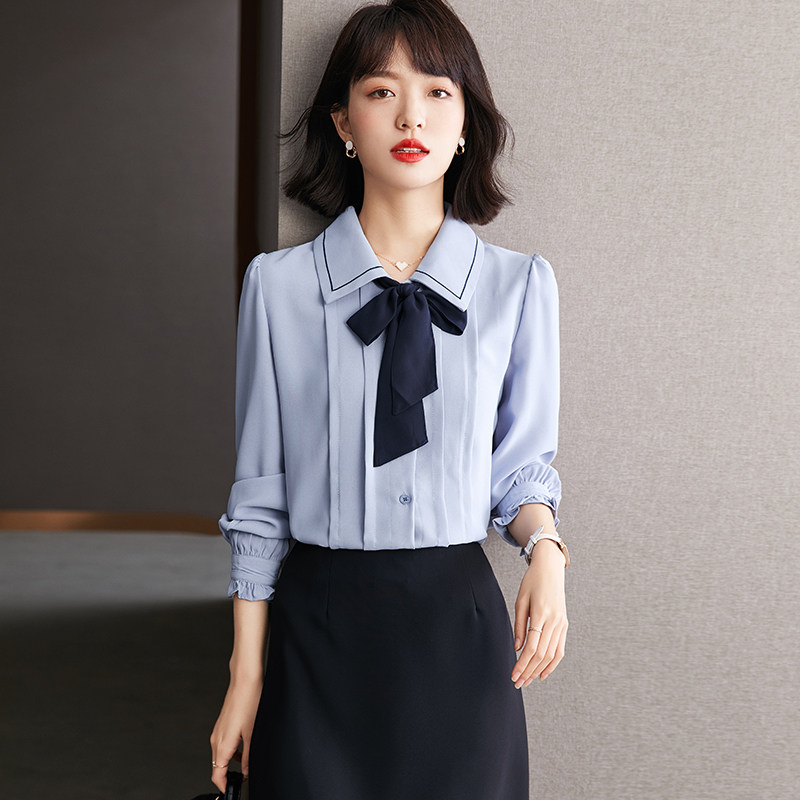 联名华来阿玛施特泡泡袖蓝色女衬衫 摩登猫衬衫