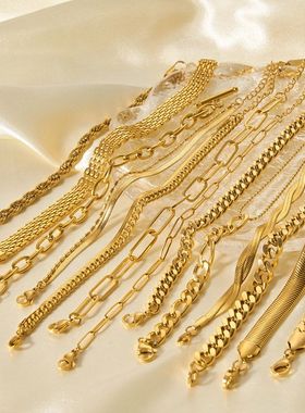 欧美ins风新款钛钢手链18K金色双层古巴链扁蛇链不锈钢饰品手链女