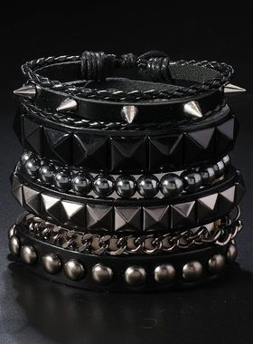欧美新款多层朋克风链条手镯 男士个性手链手环 嘻哈铆钉首饰配饰