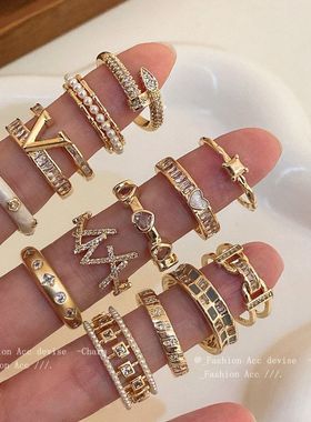 镀金锆石几何开口戒指韩系ins时尚爆款食指戒小众高级感手饰批发