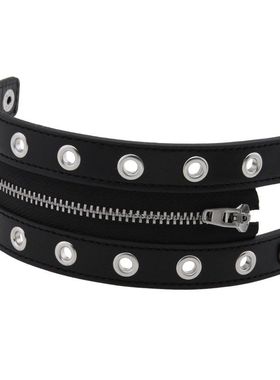 欧美新款铆钉链条朋克饰品皮革手链手镯圆孔透气中间拉链宽版手饰