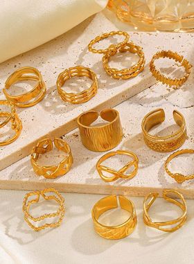 欧美ins风流行不锈钢几何开口戒指女气质流行宽面18K镀金戒指批发