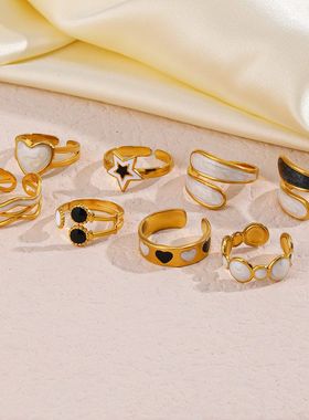 欧美时尚白色滴油不锈钢戒指INS风简约流行五角星/爱心几何戒指女