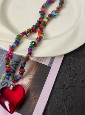 时尚多巴胺水晶米珠项链红色琉璃爱心个性串珠爱心甜酷辣妹饰品