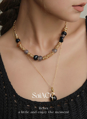 财阀系列美拉德复古黑玛瑙串珠高级感叠戴项链女士毛衣链