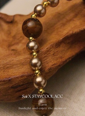 短款金棕色虎眼石串珠项链女士高级感锁骨链干枯玫瑰色复古