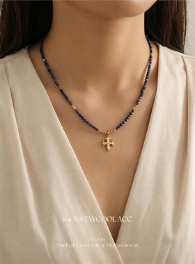 复古克十字架天然青金石项链女士欧美锁骨链高级感简约小众