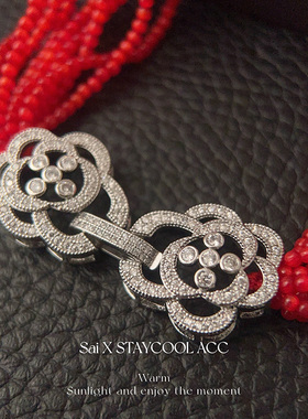 山茶花钻扣十层红色猫眼石项链女士复古新年红锁骨链毛衣链42cm