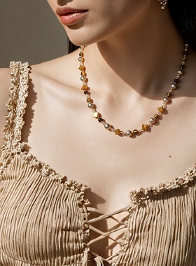 秋冬美拉德虎眼石珠珠贝母项链女士高级感锁骨链时髦毛衣链