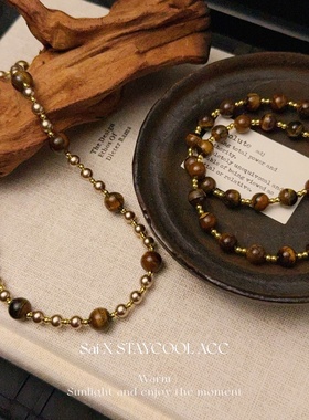 虎眼石串珠项链女士锁骨链琥珀流光色美拉德色毛衣链高级感北欧风