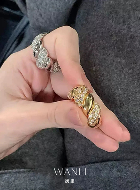 挽里麻花镶钻锆石戒指女夸张指环