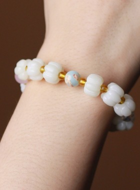 天然白玉菩提雕刻南瓜珠手链菩提子单圈佛珠手文艺手饰品男女文玩