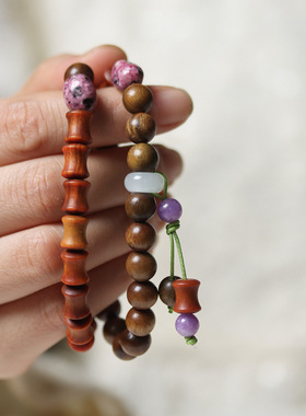 绿檀香木双圈手串寿山玉石文玩琥珀血龙木手链念珠小清新严选送礼