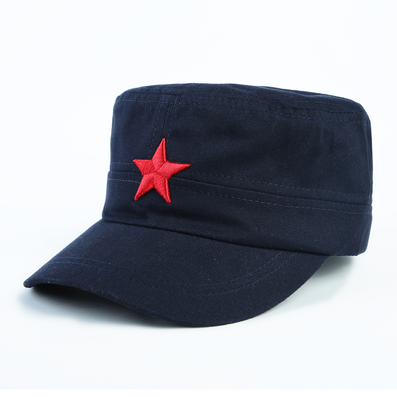 新款红军帽子五角星男女户外平顶帽军绿鸭舌帽复古八路红星演出帽 - 图0