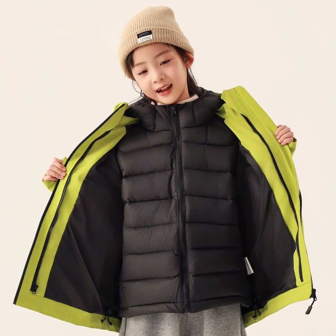 连帽90%白鸭绒羽绒内胆 ( 防水防风 )亲子三合一可拆卸羽绒冲锋衣 - 图1