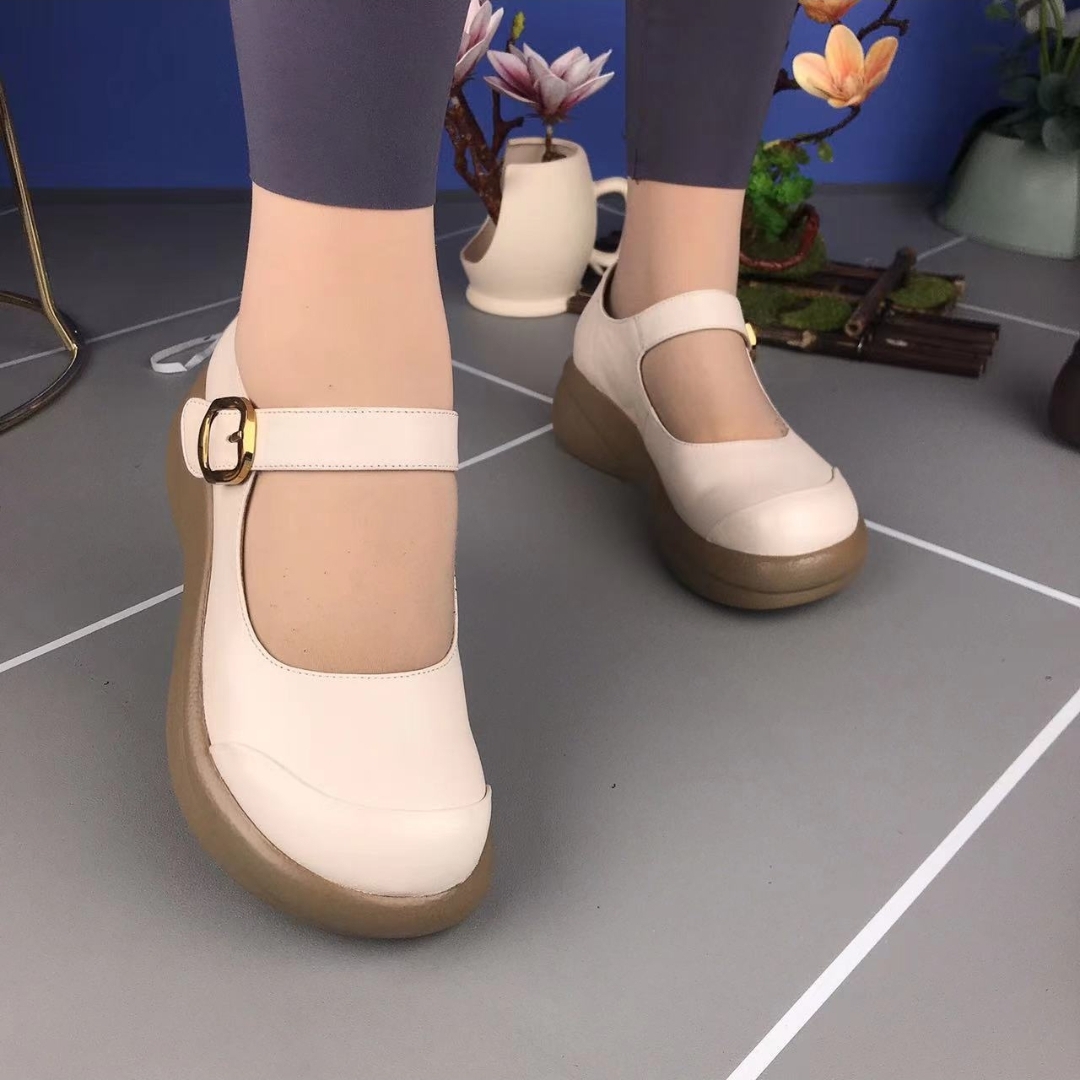 2025年春夏新款复古休闲皮鞋松糕厚底女鞋真皮浅口单鞋圆头妈妈鞋 - 图2