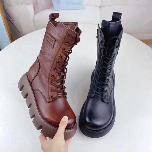 中筒靴女2025年秋冬新款真皮马丁靴松糕厚底短靴皮毛一体羊毛女靴 - 图1