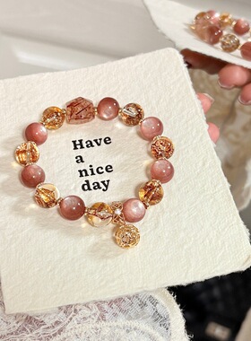 【玫瑰骑士】原创天然粉锂云母金箔胶花水晶手串黑金超随型手饰品