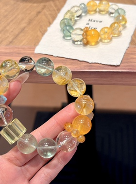 正品原创天然大颗粒绿萤石黄胶花手链黄水晶方糖水晶金木水手串