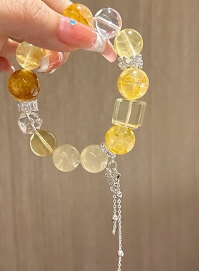 天然黄水晶手链聚财转运发晶手串高级感招财玉石单圈黄色串珠巴西