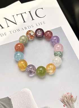 原创天然大颗粒多宝水晶手串海蓝宝紫锂云母紫水晶绿祖母晶多巴胺