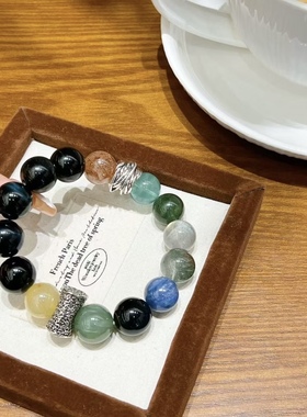 星域蓝虎眼绿发晶蓝晶石黑金超绿幽灵手串小众设计水晶多宝手链男