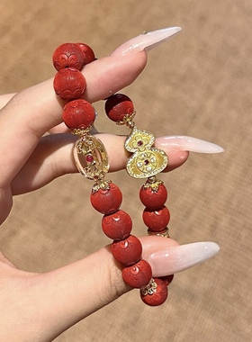 新春款天然红朱砂灯红笼珠手串本命年古法金葫芦纳福手链新中式女