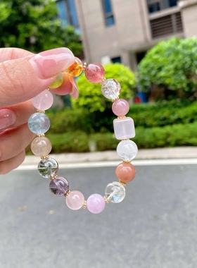 天然水晶手串女多宝手链粉水晶黄水晶石海蓝宝送闺蜜原创新年礼物