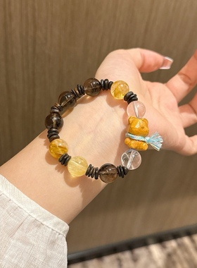 天然‌白水晶茶晶黄胶花黄萤石檀木小熊女款手链小众设计单圈礼物