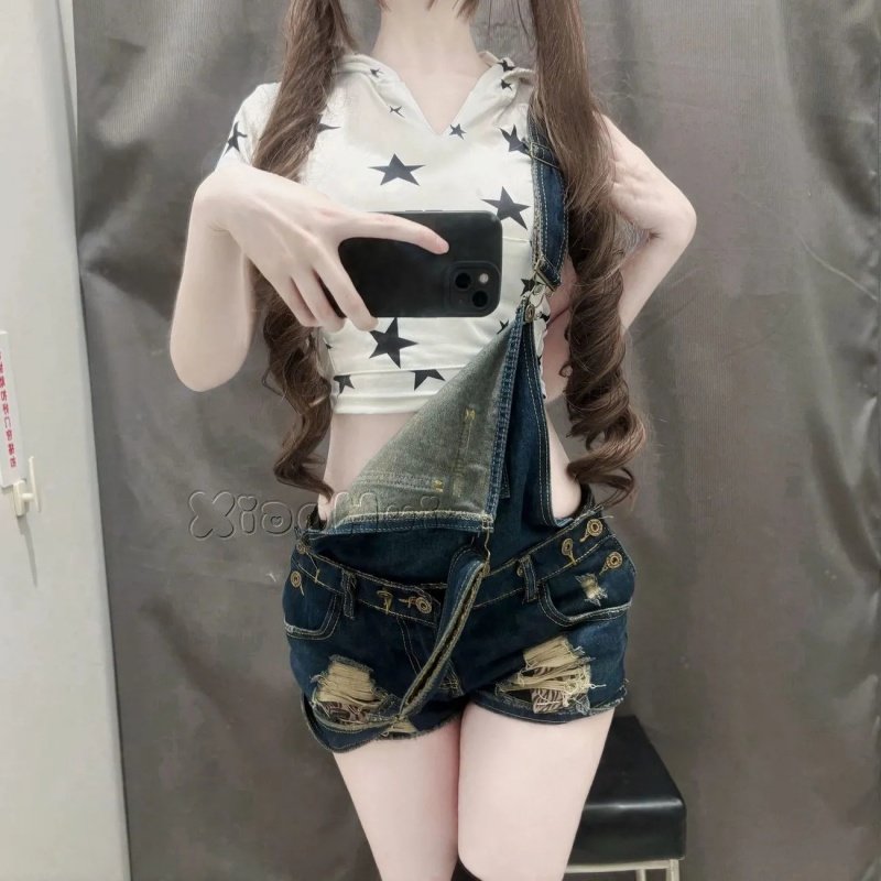 美式复古破洞牛仔背带短裤女2025新款纯欲俏皮辣妹性感超短热裤子,淘宝优惠券,粉丝福利购,淘宝优惠卷