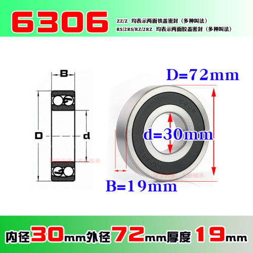 深沟球滚动轴承63062RS 6306ZZ 6306RZ内径30mm外径72厚19mm30*72 - 图0