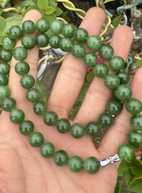 和田玉俄料碧玉无黑点细腻油润菠菜绿卡10mm妈妈链长链Q