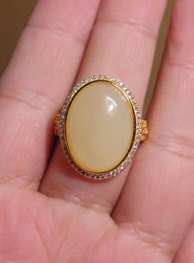 和田玉若羌黄口大蛋面S925戒指