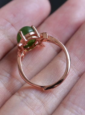 天然和田玉俄料碧玉菠菜绿柔光s925银玫瑰金金镶戒指生日礼物8z