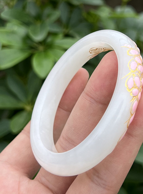 青海老坑料高透细腻白玉景泰蓝工艺雕花53mm手镯F