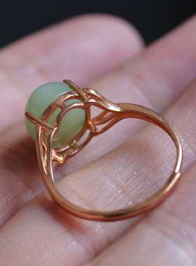 天然和田玉俄料碧玉粉青微猫眼s925银玫瑰金金镶戒指生日礼物8z