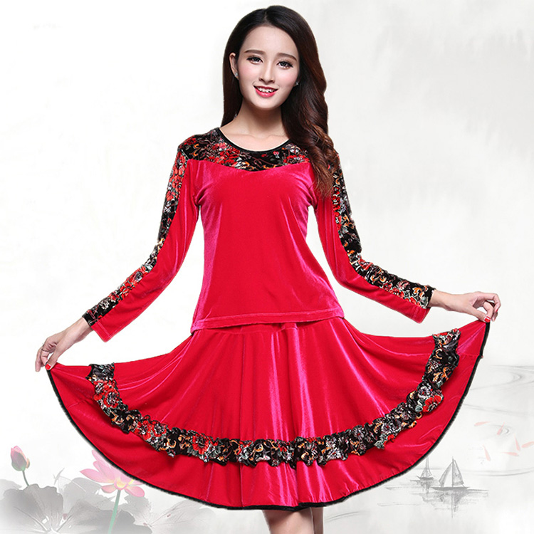 秋冬广场舞服装新款舞蹈服套装长袖金丝绒跳舞