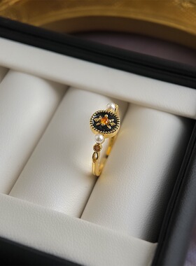 Vintage轻中古文艺复古镀14K黑色戒指港风滴油开口可调节黑食指戒