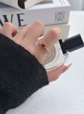 俏皮复古风酒红色爱心滴油可调节开口指环戒指小众高级轻奢食指戒