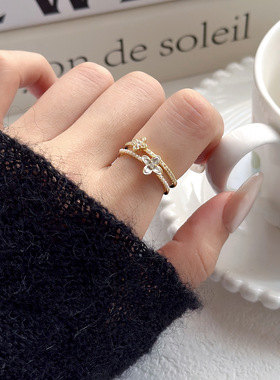 复古双层滴油锆石花朵戒指女百搭可调节食指戒轻奢时尚设计感手饰