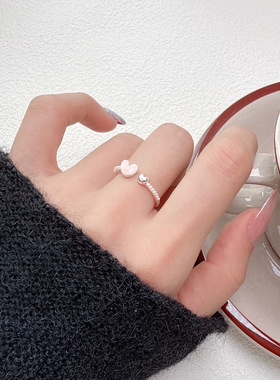 粉色系列爱心珠光粉戒指气质精致甜美百搭显手白时尚韩版开口手饰