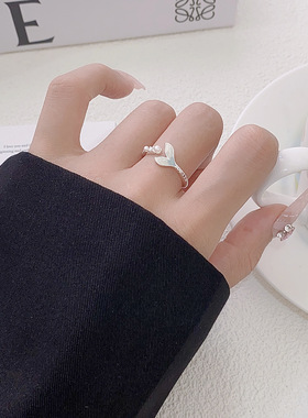 夏日海洋蓝色星月鱼尾开口戒指可调节珍珠戒指度假风甜美百搭手饰